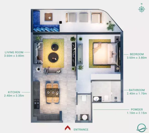 Floor plan, 1 Bed, 686 sq ft