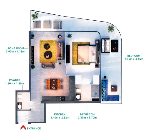 Floor plan, 1 Bed, 991 sq ft