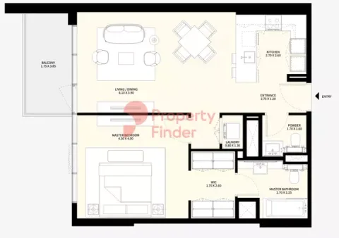 Floor plan, 1 Bed, 877 sq ft