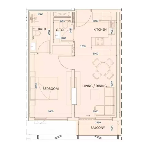 Floor plan, 1 Bed, 580 sq ft