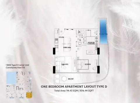 Floor plan, 1 Bed, 1,016 sq ft