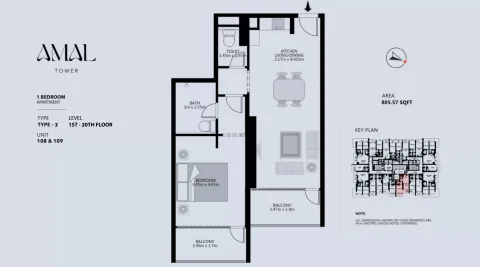 Floor plan, 1 Bed, 805 sq ft