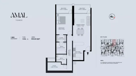 Floor plan, 1 Bed, 999 sq ft