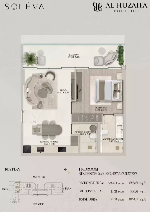 Floor plan, 1 Bed, 804 sq ft