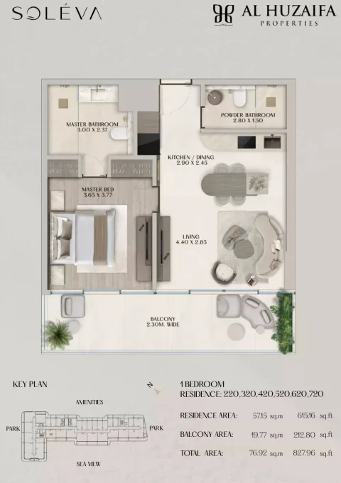 Floor plan, 1 Bed, 827 sq ft