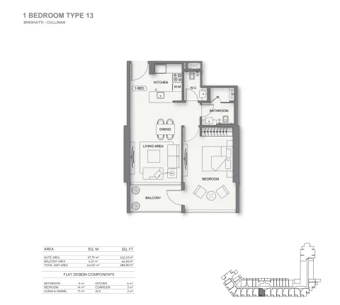Floor plan, 1 Bed, 688 sq ft