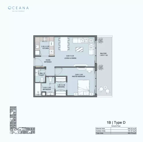 Floor plan, 1 Bed, 805 sq ft