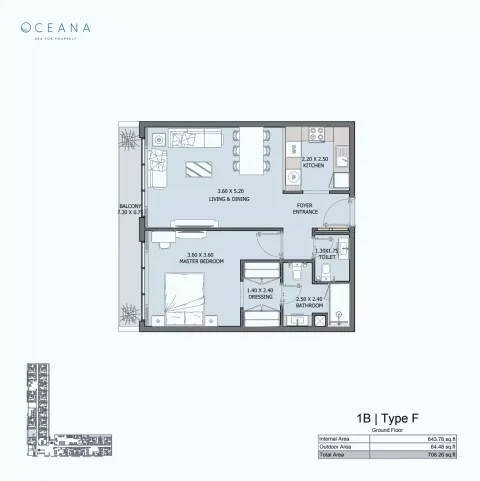 Floor plan, 1 Bed, 708 sq ft