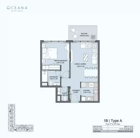 Floor plan, 1 Bed, 678 sq ft