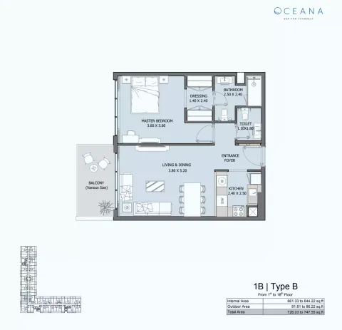 Floor plan, 1 Bed, 726 sq ft
