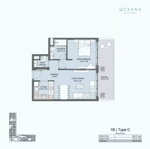 Floor plan, 1 Bed, 758 sq ft