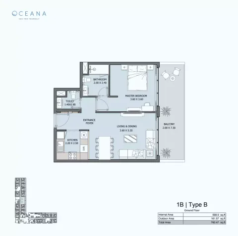 Floor plan, 1 Bed, 760 sq ft