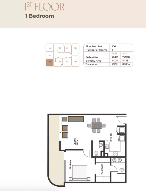 Floor plan, 1 Bed, 860 sq ft