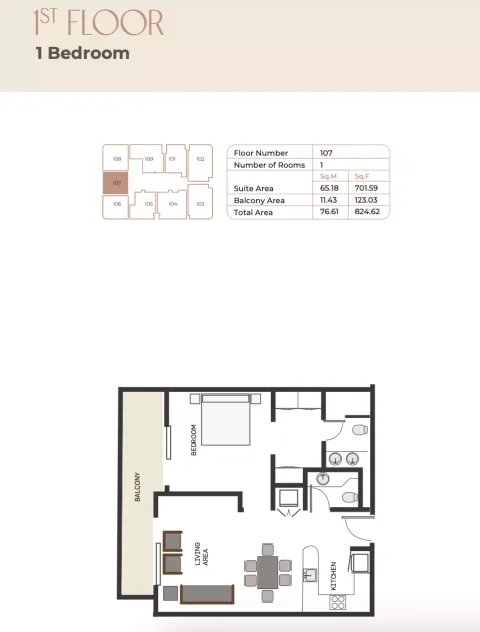 Floor plan, 1 Bed, 824 sq ft