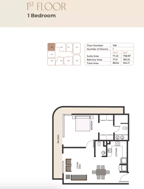 Floor plan, 1 Bed, 954 sq ft