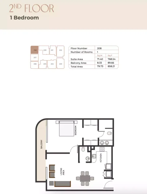 Floor plan, 1 Bed, 858 sq ft