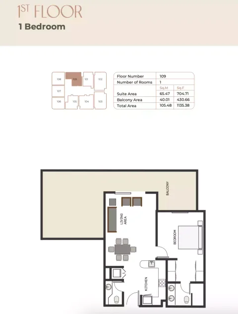Floor plan, 1 Bed, 1,135 sq ft