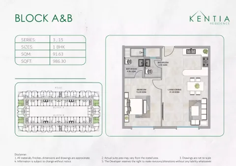 Floor plan, 1 Bed, 986 sq ft