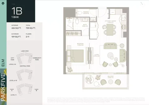 Floor plan, 1 Bed, 735 sq ft