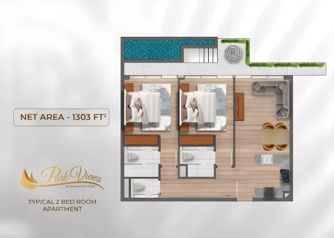 Floor plan, 2 Beds, 1,303 sq ft