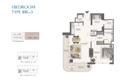 Floor plan, 1 Bed, 908 sq ft