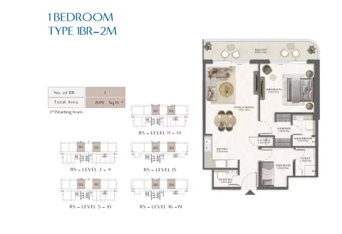 Floor plan, 1 Bed, 849 sq ft