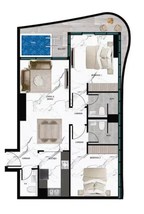 Floor plan, 2 Beds, 0 sq ft