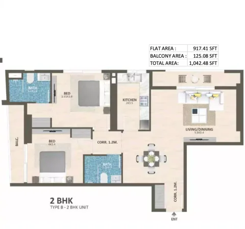 Floor plan, 2 Beds, 1,042 sq ft