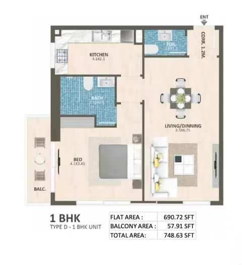 Floor plan, 1 Bed, 748 sq ft