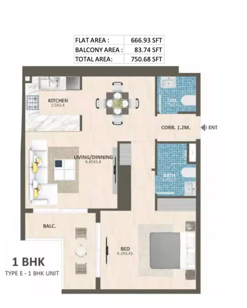 Floor plan, 1 Bed, 750 sq ft