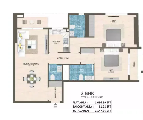 Floor plan, 2 Beds, 1,147 sq ft