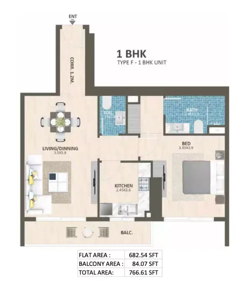 Floor plan, 1 Bed, 766 sq ft