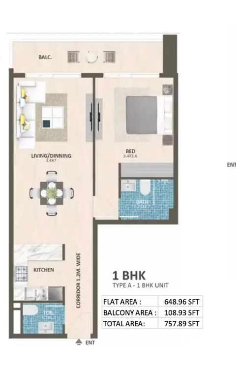 Floor plan, 1 Bed, 757 sq ft