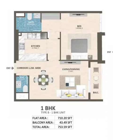 Floor plan, 1 Bed, 753 sq ft