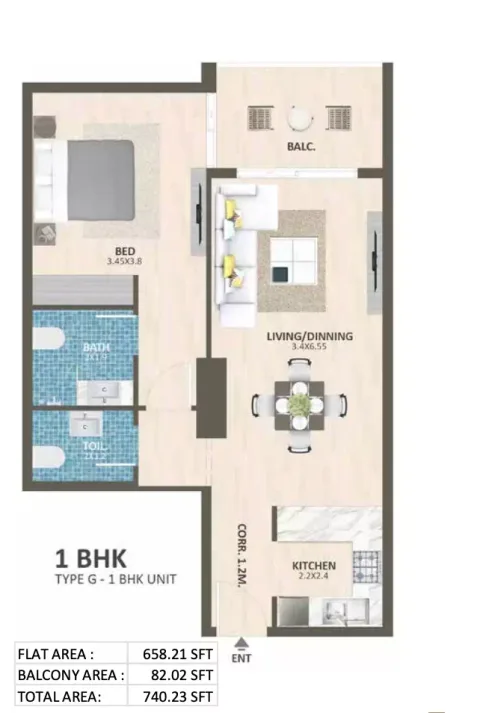 Floor plan, 1 Bed, 740 sq ft