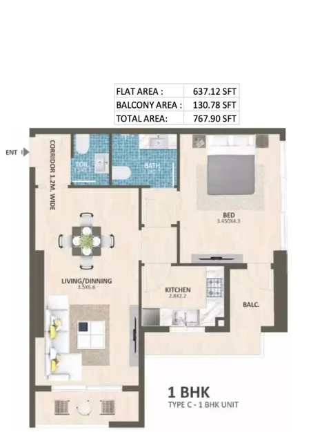 Floor plan, 1 Bed, 767 sq ft