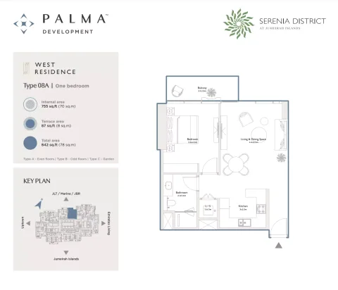 Floor plan, 1 Bed, 842 sq ft