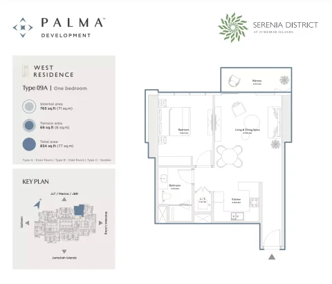 Floor plan, 1 Bed, 834 sq ft