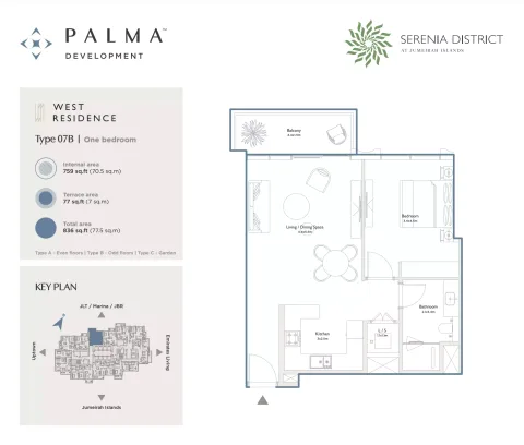 Floor plan, 1 Bed, 836 sq ft