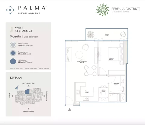 Floor plan, 1 Bed, 852 sq ft
