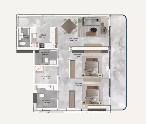 Floor plan, 2 Beds, 1,242 sq ft