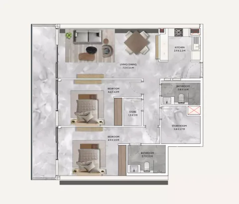 Floor plan, 2 Beds, 1,374 sq ft