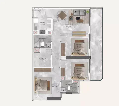 Floor plan, 3 Beds, 1,289 sq ft