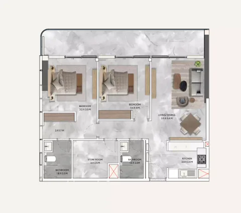 Floor plan, 2 Beds, 1,180 sq ft