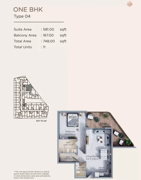 Floor plan, 1 Bed, 748 sq ft