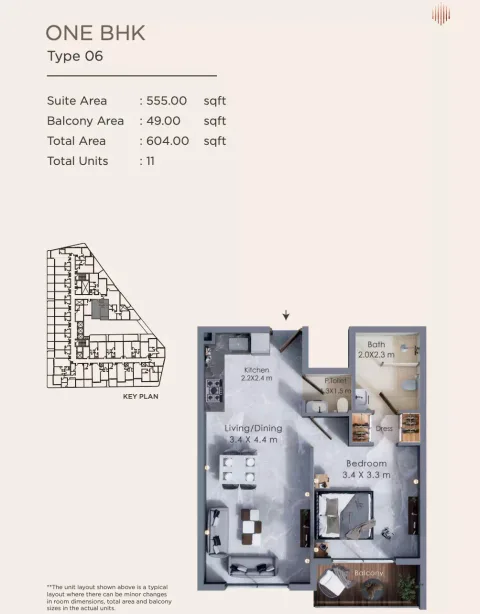 Floor plan, 1 Bed, 604 sq ft