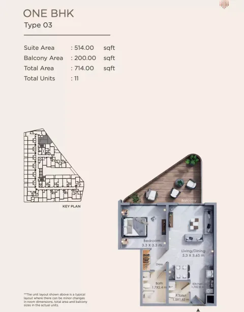 Floor plan, 1 Bed, 714 sq ft