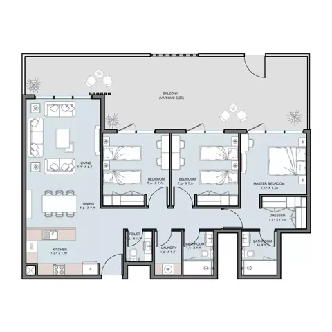 Floor plan, 3 Beds, 1,187 sq ft