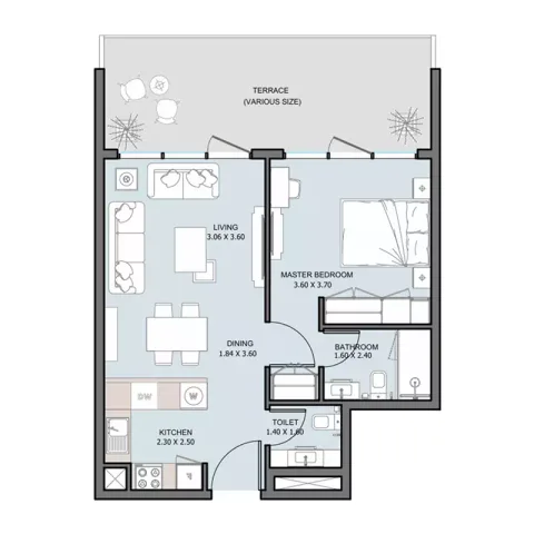 Floor plan, 1 Bed, 683 sq ft