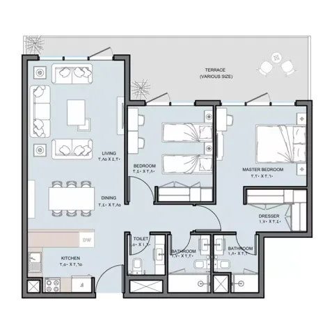 Floor plan, 2 Beds, 918 sq ft